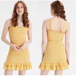 American Eagle LINEN Smocked Dress Ruffle Tank XLARGE Yellow NWT